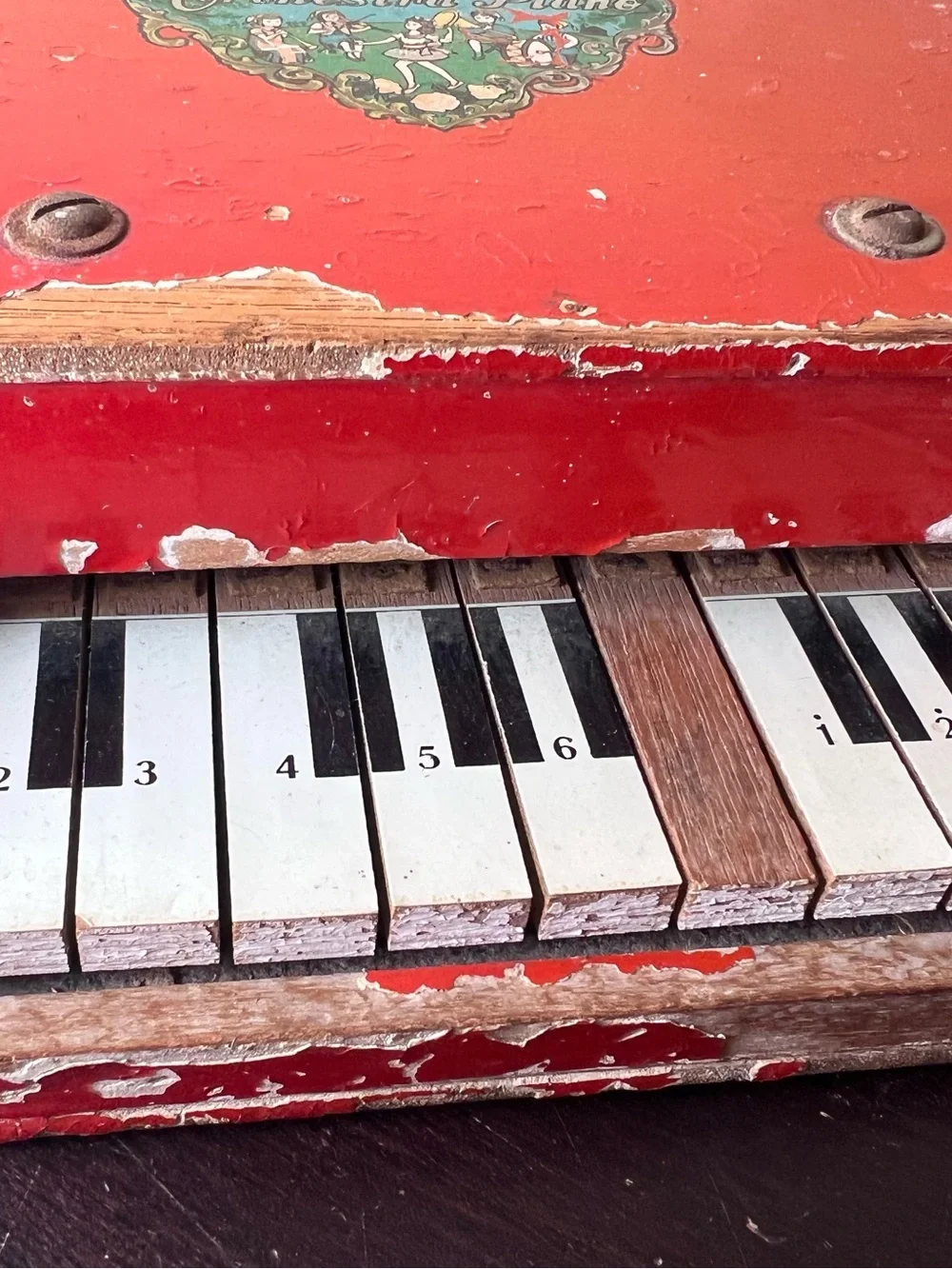 Vintage 1950s Orchestra Piano Toy Grand Piano Red Chippy Paint